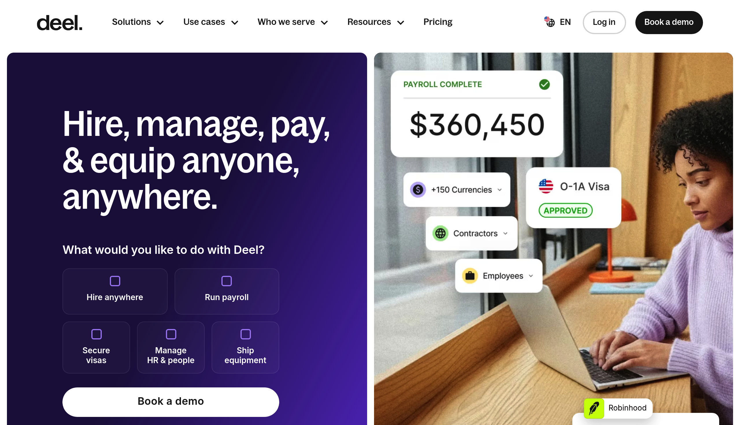 Deel homepage: hire, pay and manage contractors and employees anywhere