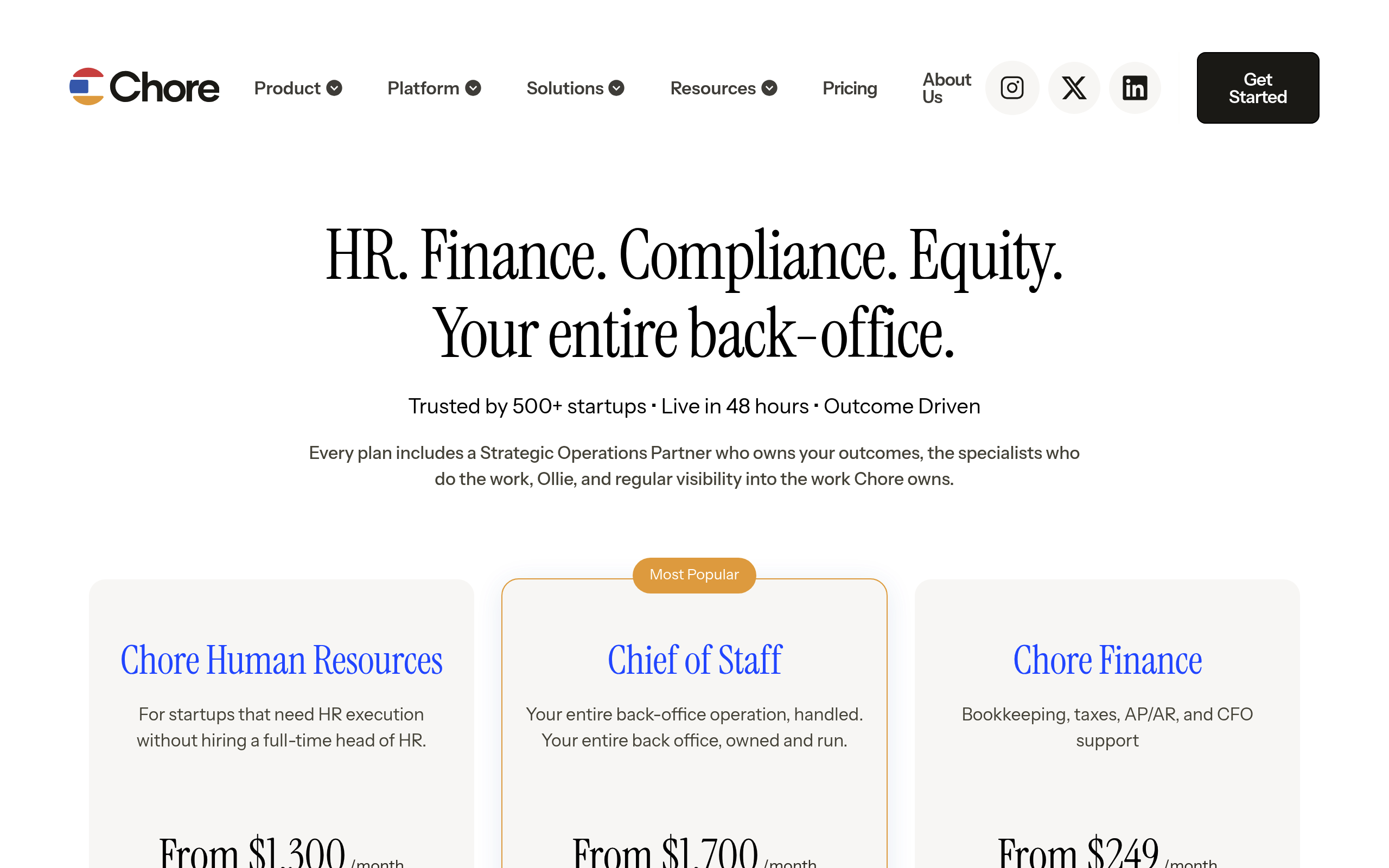 Chore pricing: Human Resources from $1,300, Chief of Staff from $1,700 and Finance from $249 a month