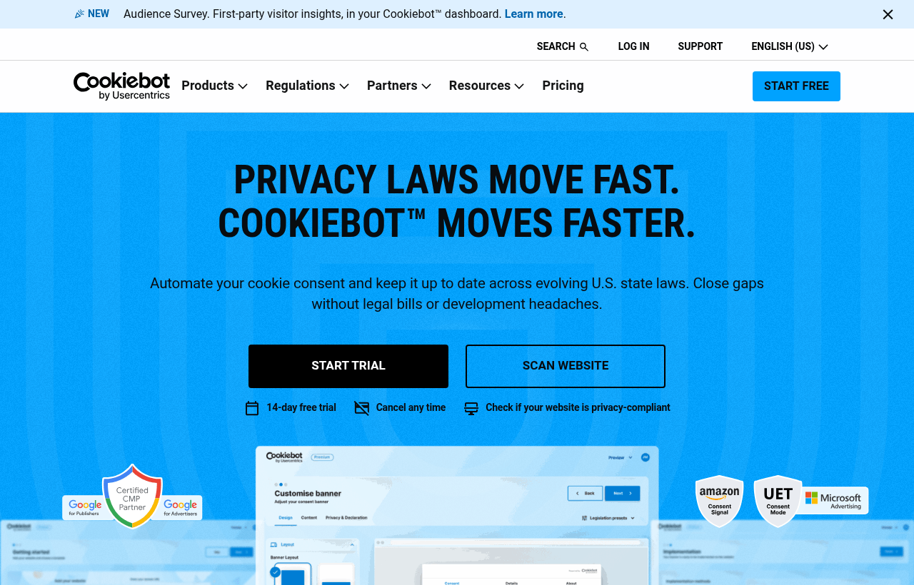 Cookiebot by Usercentrics homepage, with the 14-day trial and website scan options