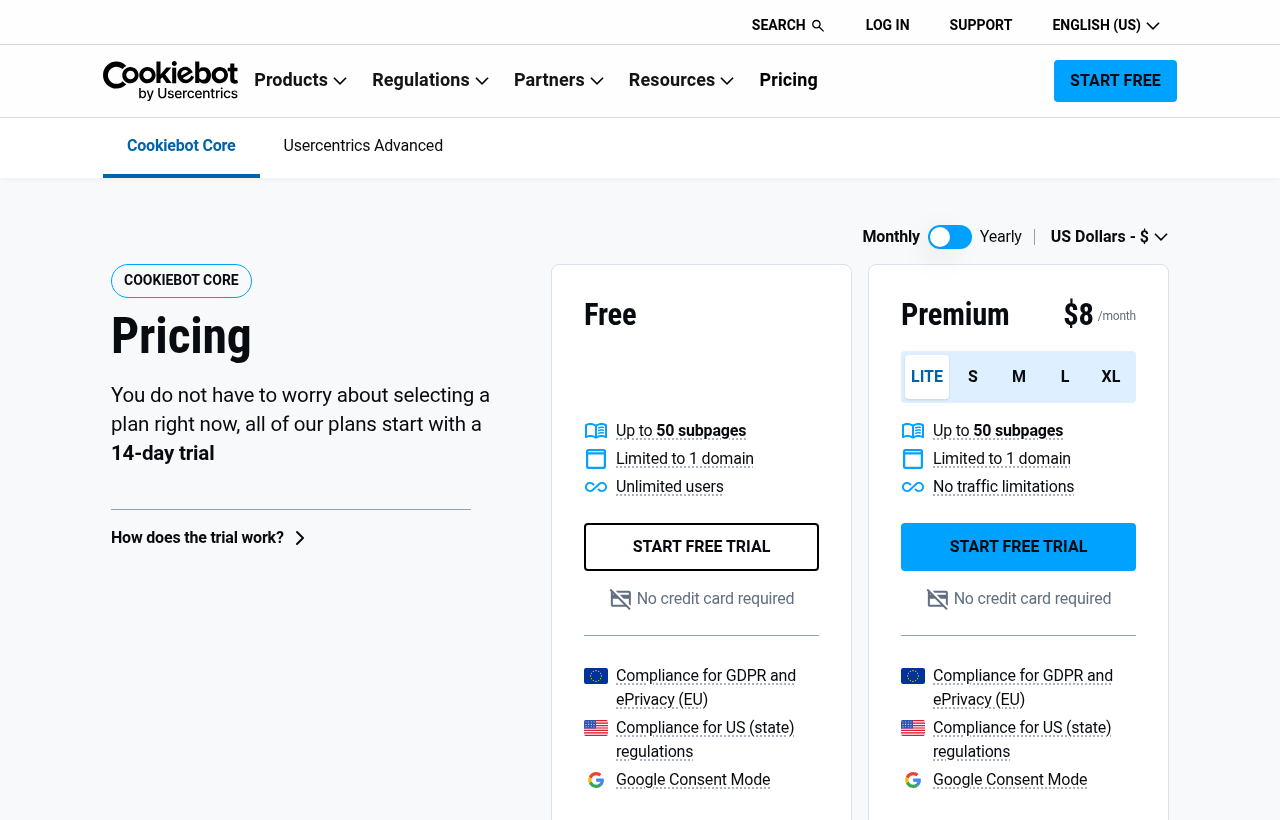 Cookiebot pricing page showing the Free plan and Premium Lite (1 domain, up to 50 subpages)