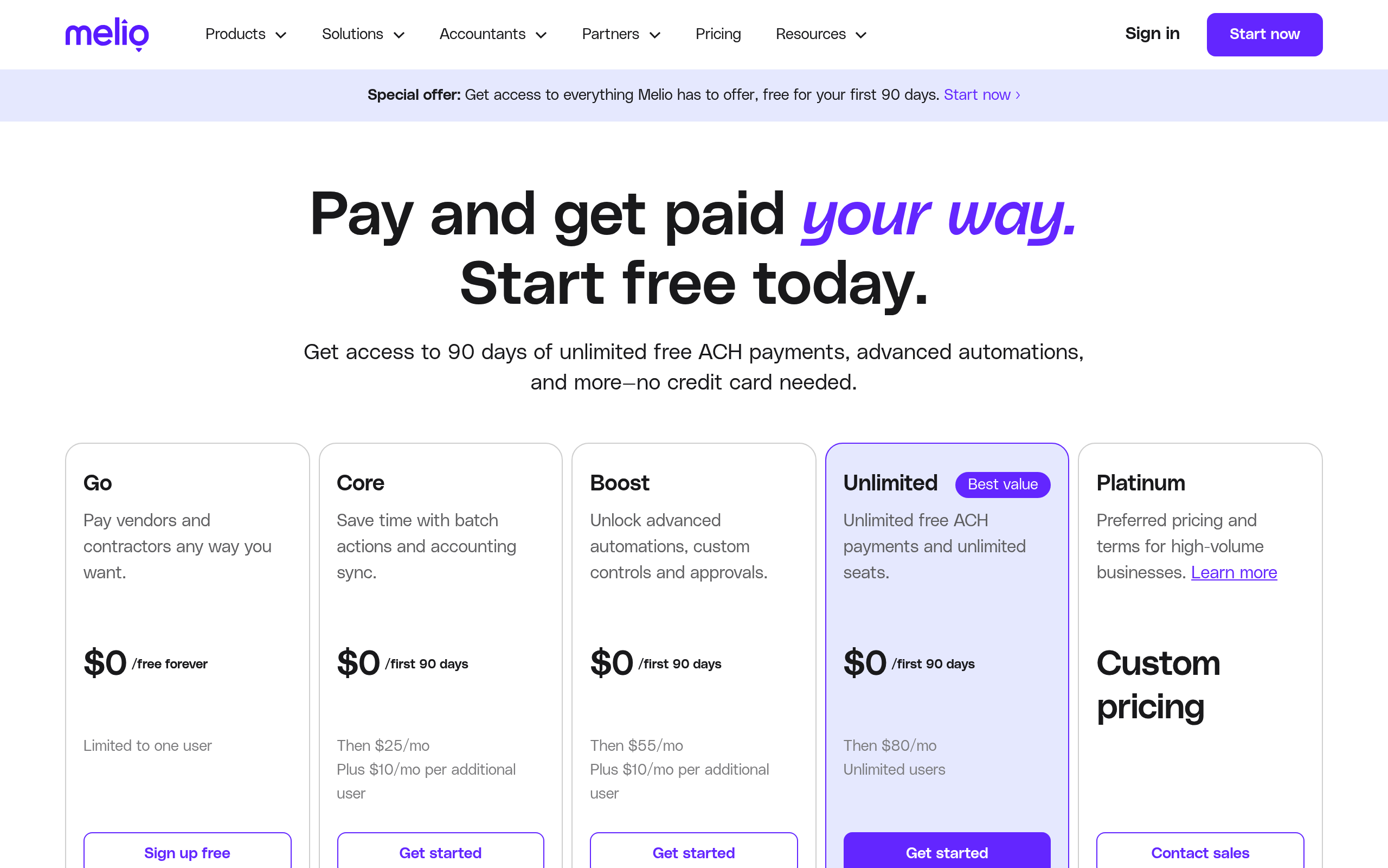 Melio pricing: Core, Boost and Unlimited free for the first 90 days