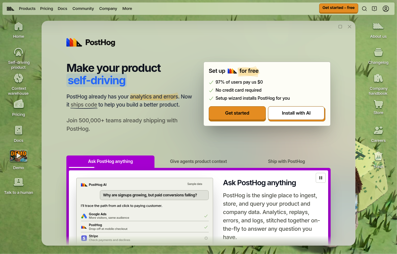 Posthog product homepage