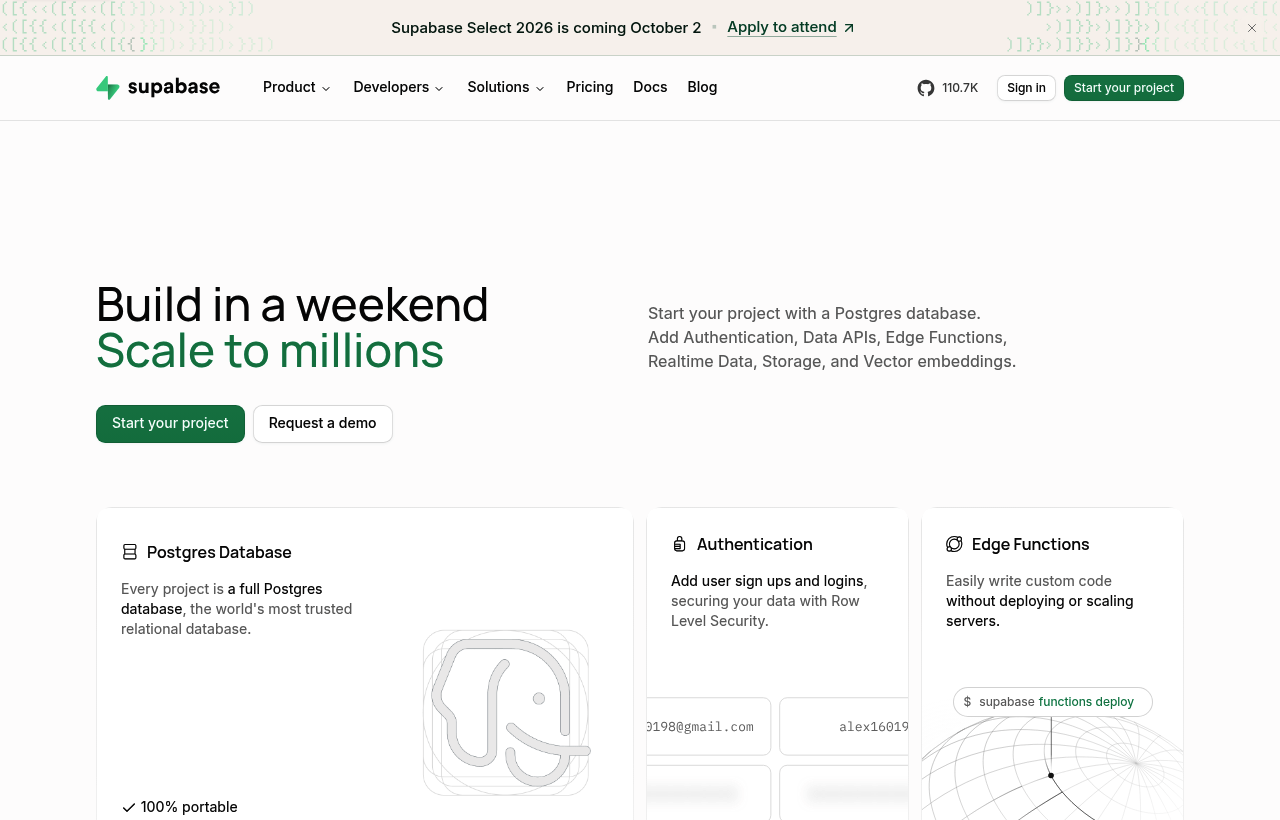 Supabase product homepage