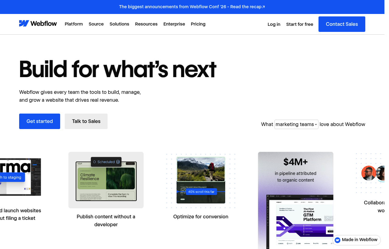 Webflow product homepage