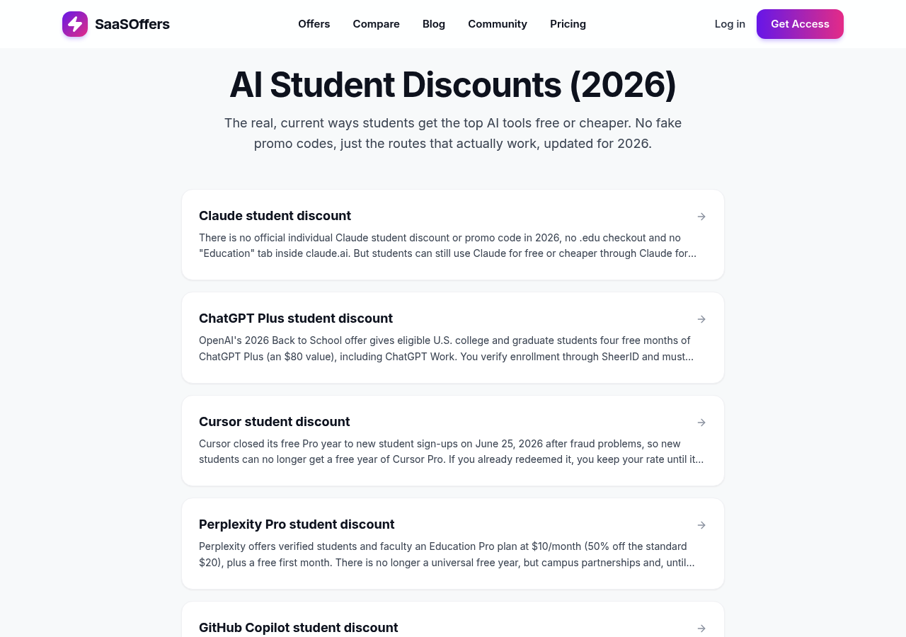 SaaSOffers AI student discount guides for Claude, ChatGPT, Cursor and more