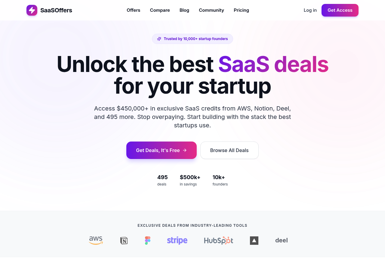 SaaSOffers directory of verified startup deals and credits