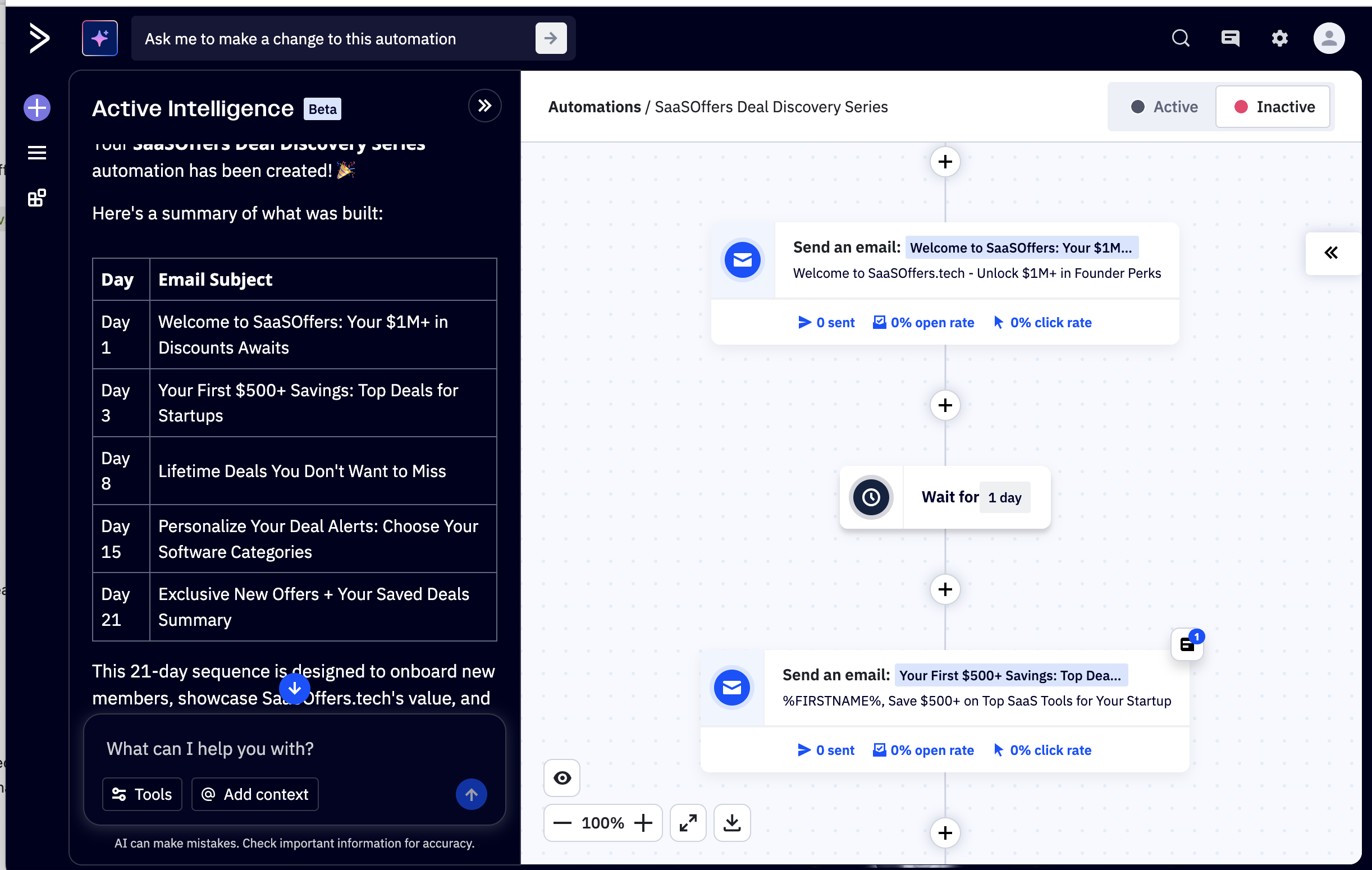 ActiveCampaign's Active Intelligence building the SaaSOffers Deal Discovery Series automation from a one-line prompt