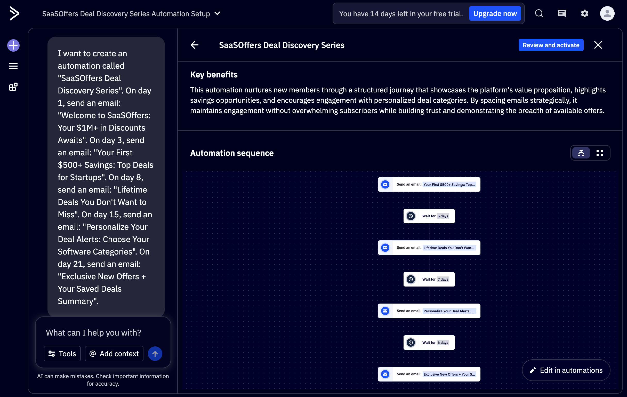 ActiveCampaign Active Intelligence AI agent building the SaaSOffers Deal Discovery Series from a plain-English prompt