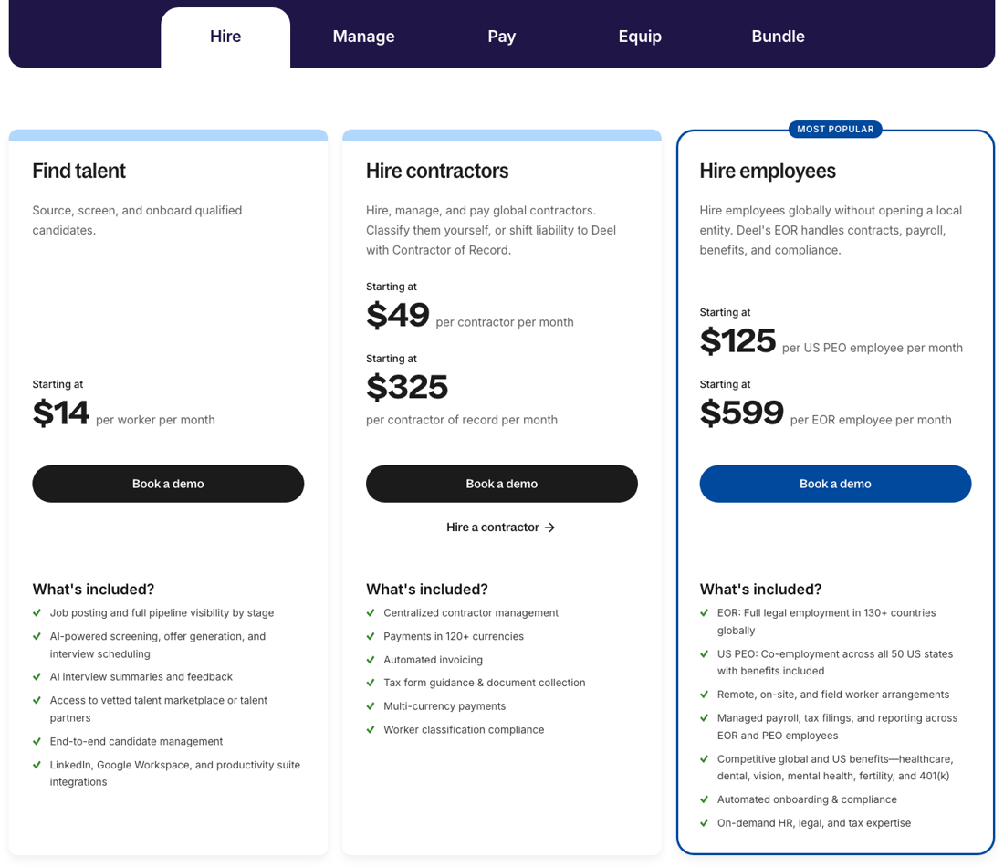 Deel pricing page, October 2026: contractors from $49, Contractor of Record from $325, EOR from $599 per employee per month