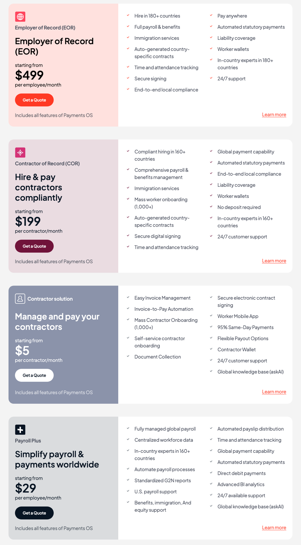 Papaya Global pricing page, October 2026: EOR from $499, Contractor of Record from $199, Contractor solution from $5, PayrollPlus from $29